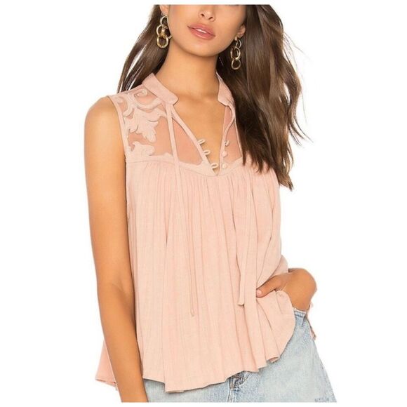 Free People Western Romance Pink Mesh Applique Lace Detail Top Small Revolve - Picture 1 of 6